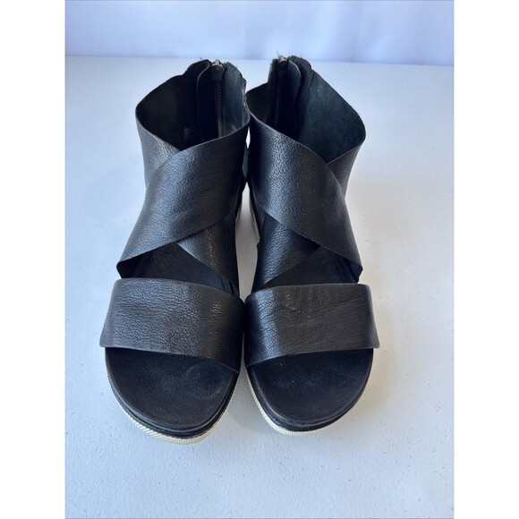 Eileen Fisher Black Sport Tumbled Leather Platform Sandals Women's Size 7 - Picture 2 of 12